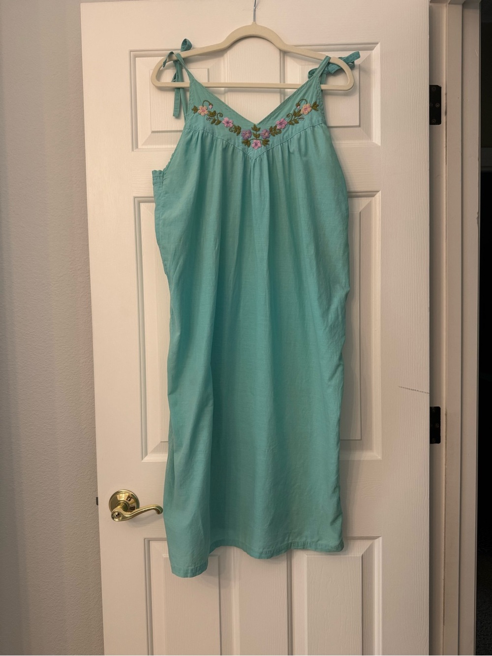 Vintage 70s  Tina Indian Cotton Embroidered Maxi Dress Mint Blue Size M